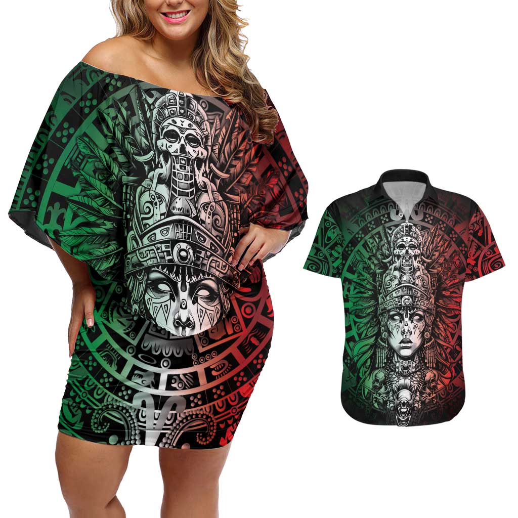 Mexico Aztec Warrior Goddess Couples Matching Off Shoulder Short Dress and Hawaiian Shirt Aztec Skull Tribal Calender Tricolor Spirit - Wonder Print Shop