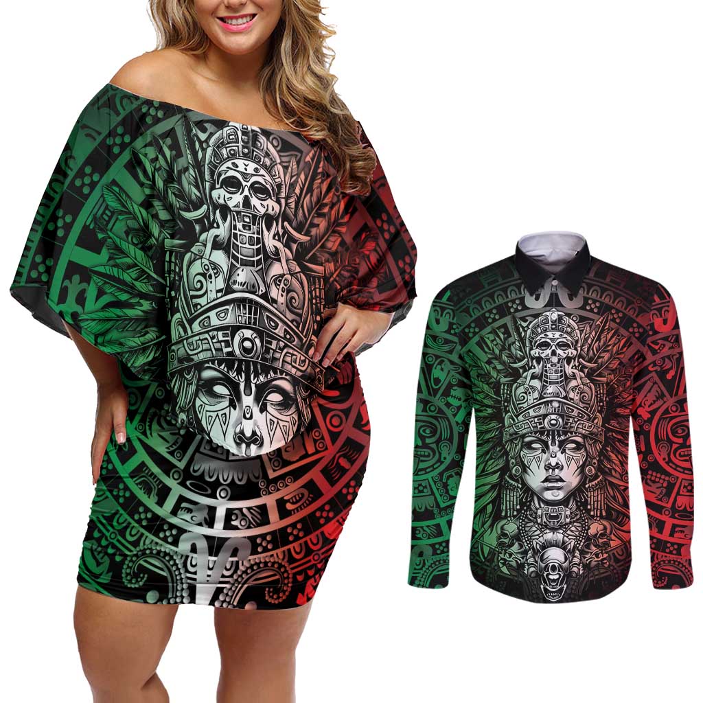 Mexico Aztec Warrior Goddess Couples Matching Off Shoulder Short Dress and Long Sleeve Button Shirt Aztec Skull Tribal Calender Tricolor Spirit - Wonder Print Shop