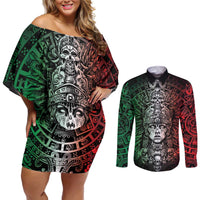 Mexico Aztec Warrior Goddess Couples Matching Off Shoulder Short Dress and Long Sleeve Button Shirt Aztec Skull Tribal Calender Tricolor Spirit - Wonder Print Shop