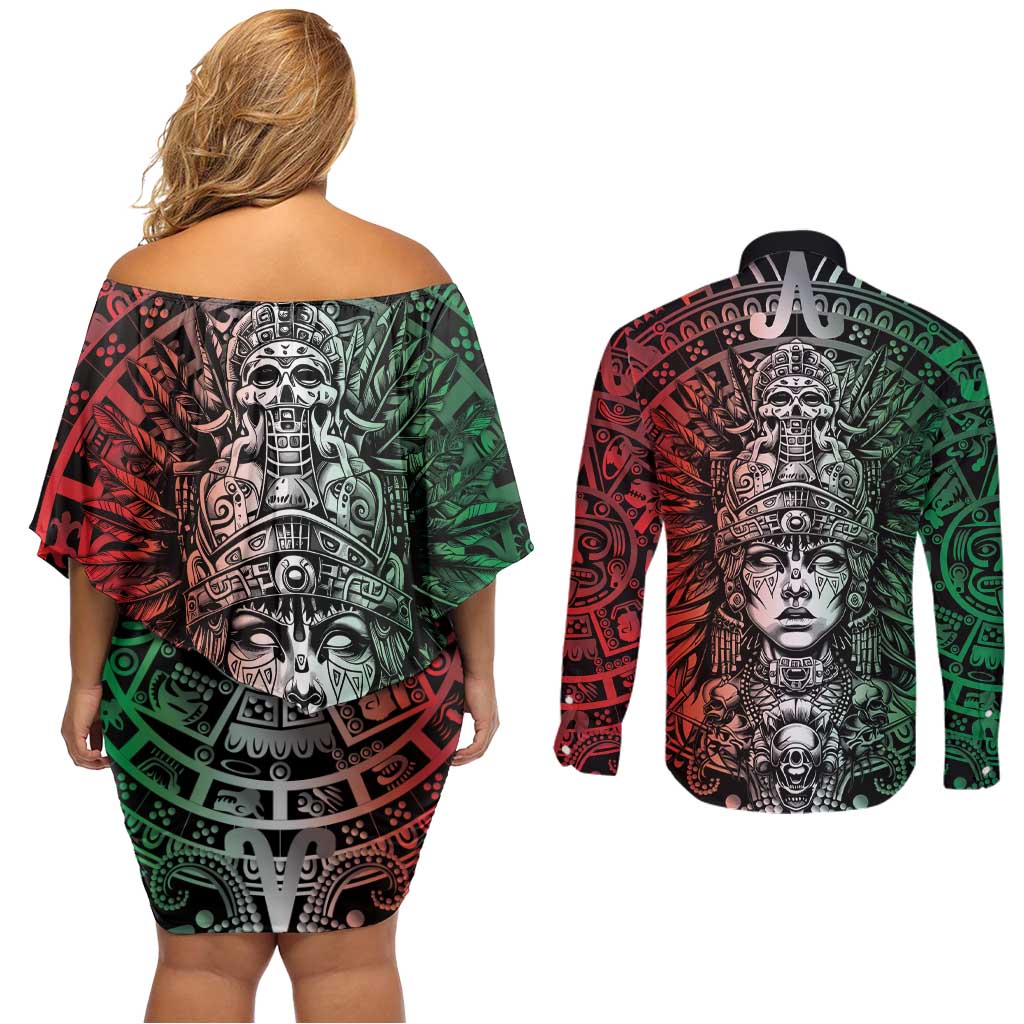 Mexico Aztec Warrior Goddess Couples Matching Off Shoulder Short Dress and Long Sleeve Button Shirt Aztec Skull Tribal Calender Tricolor Spirit - Wonder Print Shop