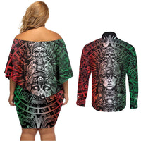 Mexico Aztec Warrior Goddess Couples Matching Off Shoulder Short Dress and Long Sleeve Button Shirt Aztec Skull Tribal Calender Tricolor Spirit - Wonder Print Shop