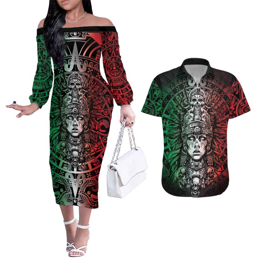 Mexico Aztec Warrior Goddess Couples Matching Off The Shoulder Long Sleeve Dress and Hawaiian Shirt Aztec Skull Tribal Calender Tricolor Spirit - Wonder Print Shop