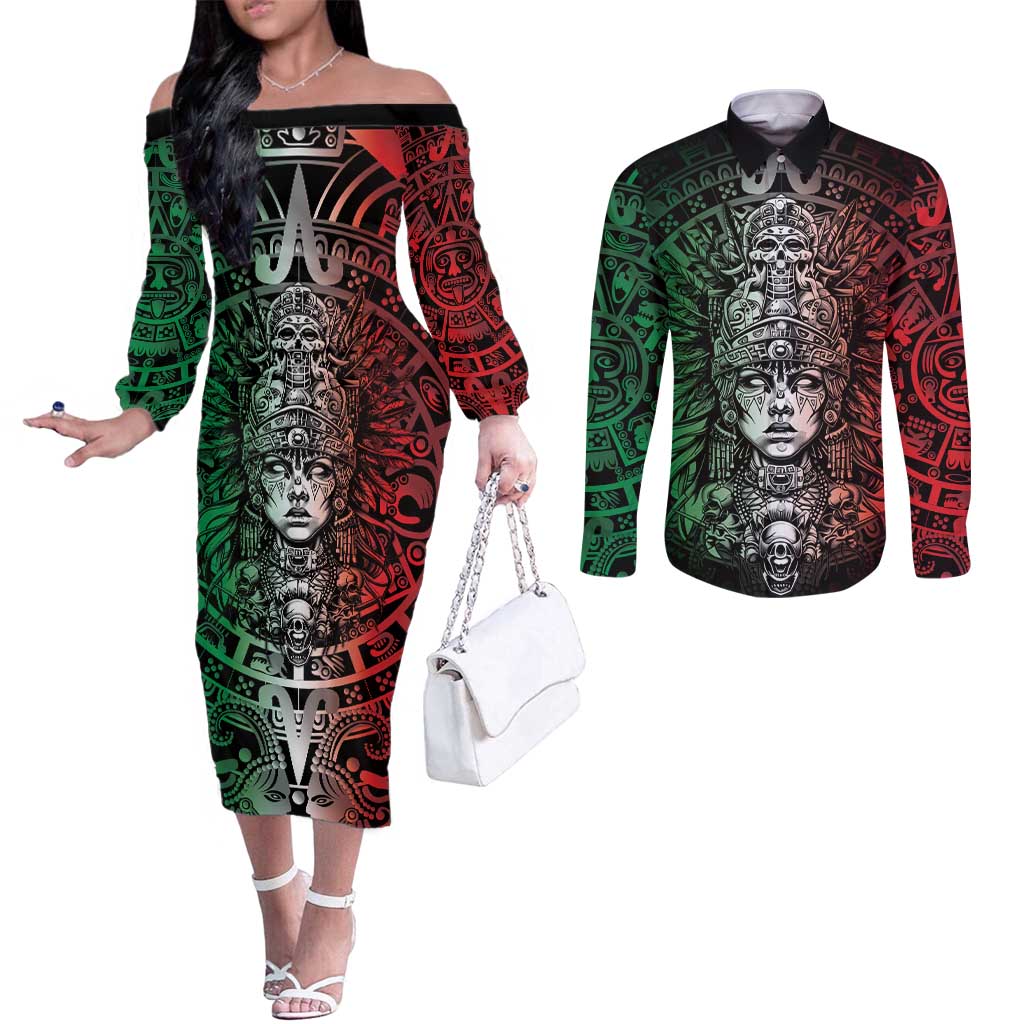 Mexico Aztec Warrior Goddess Couples Matching Off The Shoulder Long Sleeve Dress and Long Sleeve Button Shirt Aztec Skull Tribal Calender Tricolor Spirit - Wonder Print Shop