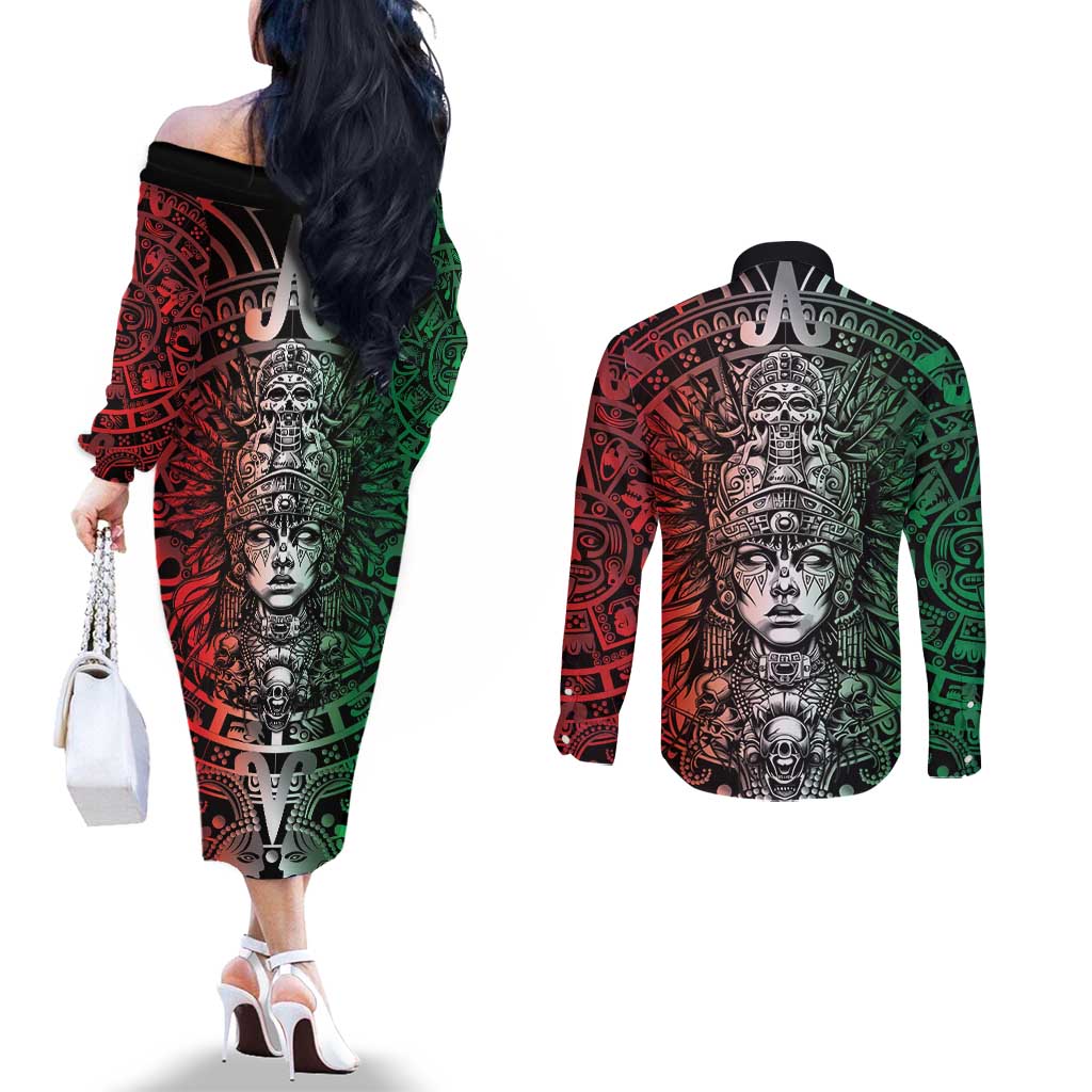 Mexico Aztec Warrior Goddess Couples Matching Off The Shoulder Long Sleeve Dress and Long Sleeve Button Shirt Aztec Skull Tribal Calender Tricolor Spirit - Wonder Print Shop