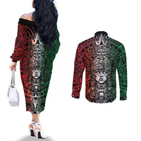 Mexico Aztec Warrior Goddess Couples Matching Off The Shoulder Long Sleeve Dress and Long Sleeve Button Shirt Aztec Skull Tribal Calender Tricolor Spirit - Wonder Print Shop