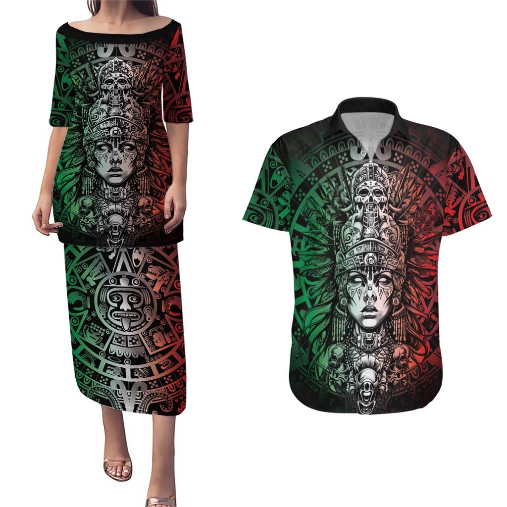 Mexico Aztec Warrior Goddess Couples Matching Puletasi and Hawaiian Shirt Aztec Skull Tribal Calender Tricolor Spirit - Wonder Print Shop