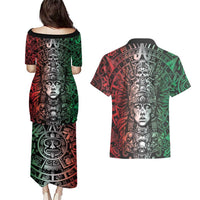 Mexico Aztec Warrior Goddess Couples Matching Puletasi and Hawaiian Shirt Aztec Skull Tribal Calender Tricolor Spirit - Wonder Print Shop
