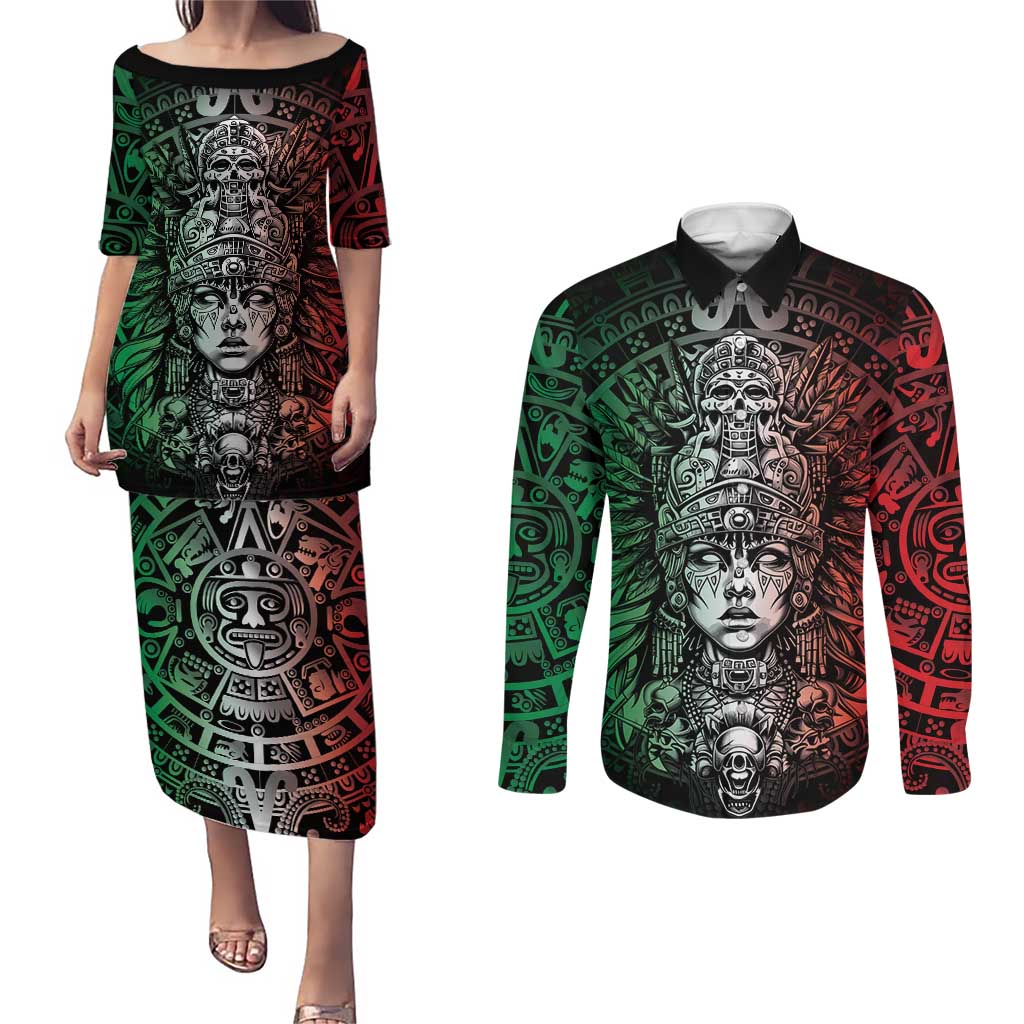 Mexico Aztec Warrior Goddess Couples Matching Puletasi and Long Sleeve Button Shirt Aztec Skull Tribal Calender Tricolor Spirit - Wonder Print Shop