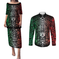 Mexico Aztec Warrior Goddess Couples Matching Puletasi and Long Sleeve Button Shirt Aztec Skull Tribal Calender Tricolor Spirit - Wonder Print Shop