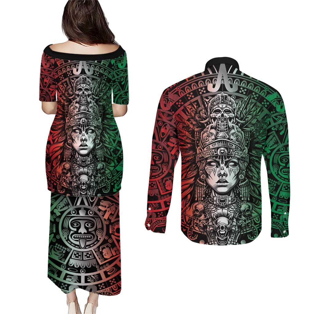 Mexico Aztec Warrior Goddess Couples Matching Puletasi and Long Sleeve Button Shirt Aztec Skull Tribal Calender Tricolor Spirit - Wonder Print Shop