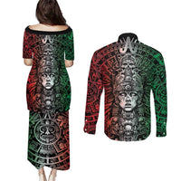 Mexico Aztec Warrior Goddess Couples Matching Puletasi and Long Sleeve Button Shirt Aztec Skull Tribal Calender Tricolor Spirit - Wonder Print Shop