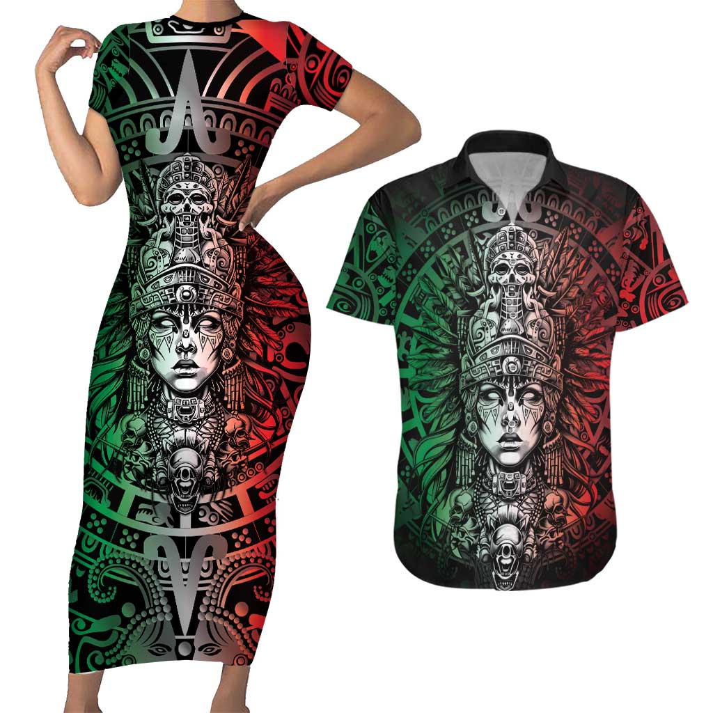 Mexico Aztec Warrior Goddess Couples Matching Short Sleeve Bodycon Dress and Hawaiian Shirt Aztec Skull Tribal Calender Tricolor Spirit - Wonder Print Shop