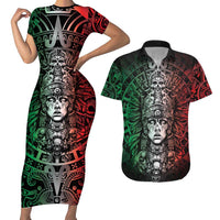Mexico Aztec Warrior Goddess Couples Matching Short Sleeve Bodycon Dress and Hawaiian Shirt Aztec Skull Tribal Calender Tricolor Spirit - Wonder Print Shop