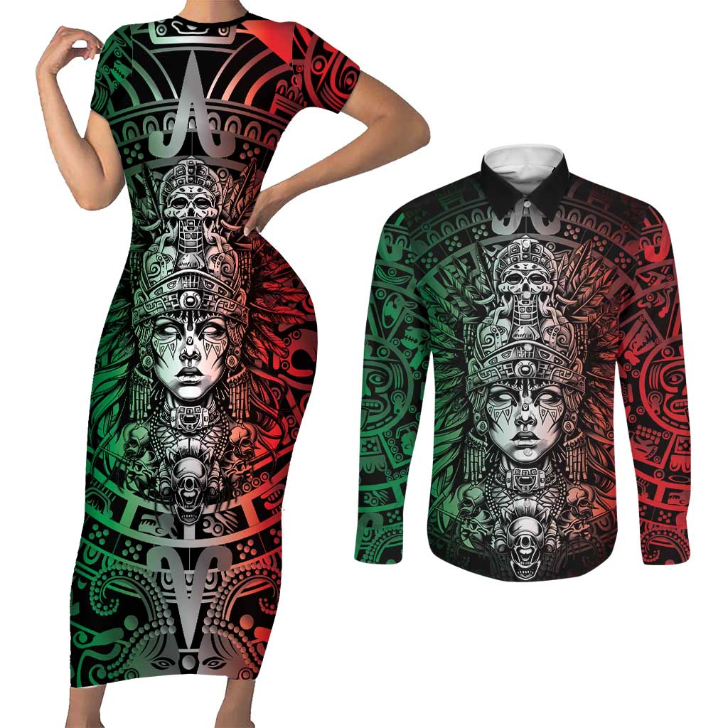 Mexico Aztec Warrior Goddess Couples Matching Short Sleeve Bodycon Dress and Long Sleeve Button Shirt Aztec Skull Tribal Calender Tricolor Spirit - Wonder Print Shop