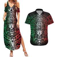 Mexico Aztec Warrior Goddess Couples Matching Summer Maxi Dress and Hawaiian Shirt Aztec Skull Tribal Calender Tricolor Spirit - Wonder Print Shop