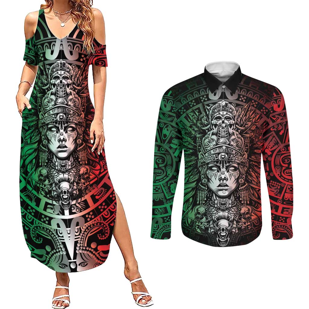 Mexico Aztec Warrior Goddess Couples Matching Summer Maxi Dress and Long Sleeve Button Shirt Aztec Skull Tribal Calender Tricolor Spirit - Wonder Print Shop