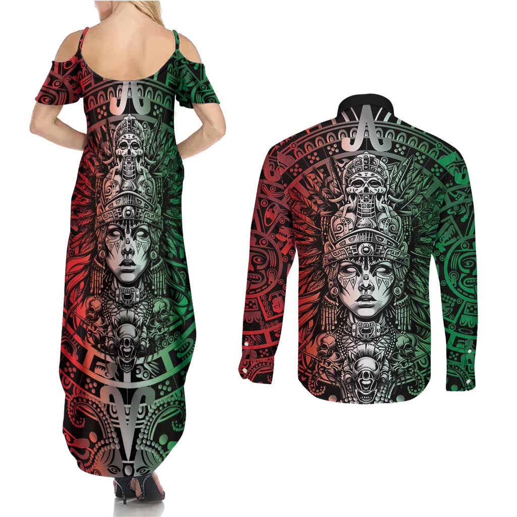 Mexico Aztec Warrior Goddess Couples Matching Summer Maxi Dress and Long Sleeve Button Shirt Aztec Skull Tribal Calender Tricolor Spirit - Wonder Print Shop