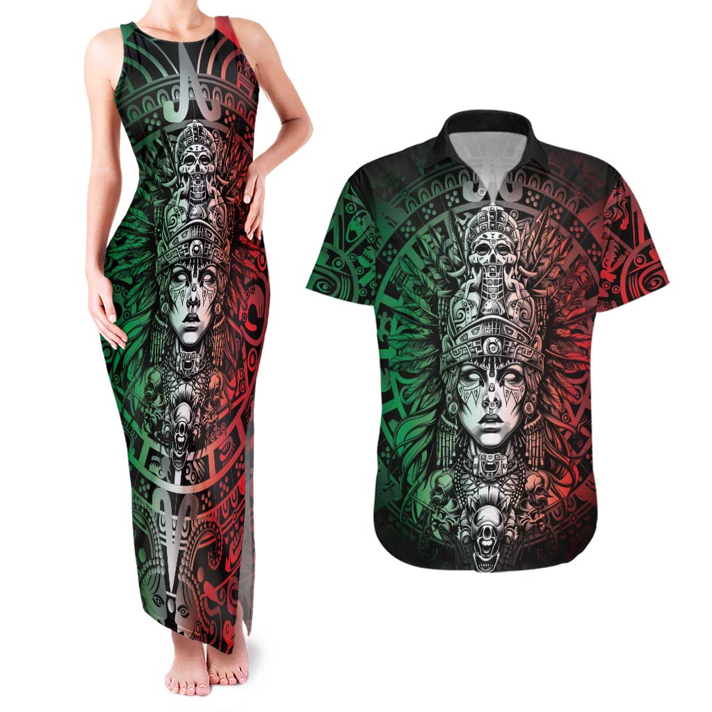 Mexico Aztec Warrior Goddess Couples Matching Tank Maxi Dress and Hawaiian Shirt Aztec Skull Tribal Calender Tricolor Spirit - Wonder Print Shop