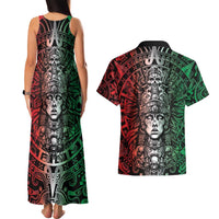 Mexico Aztec Warrior Goddess Couples Matching Tank Maxi Dress and Hawaiian Shirt Aztec Skull Tribal Calender Tricolor Spirit - Wonder Print Shop