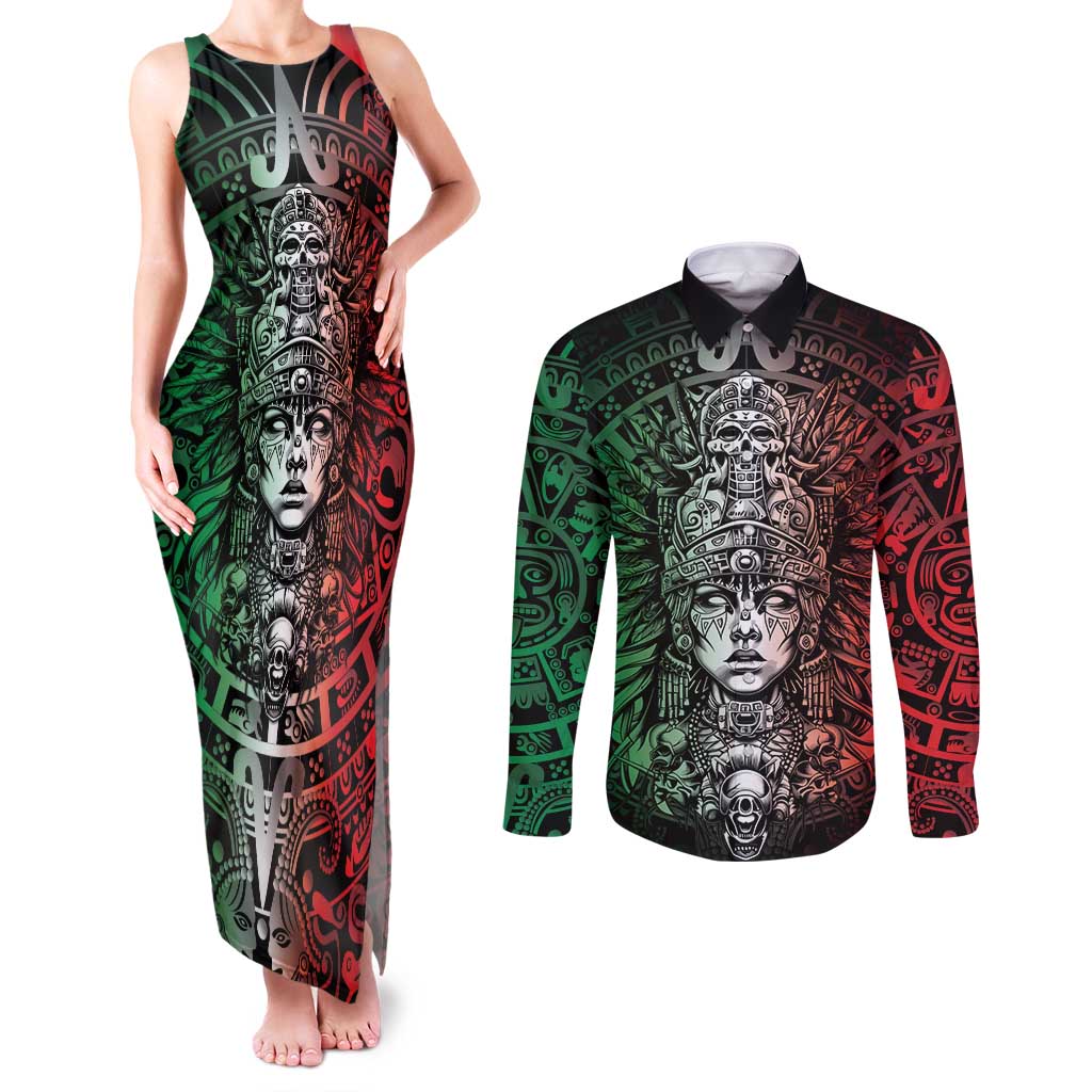 Mexico Aztec Warrior Goddess Couples Matching Tank Maxi Dress and Long Sleeve Button Shirt Aztec Skull Tribal Calender Tricolor Spirit - Wonder Print Shop