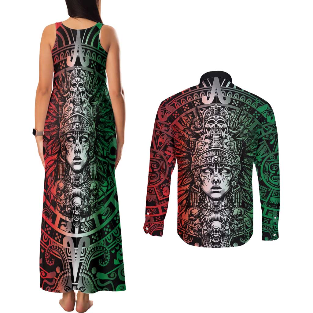 Mexico Aztec Warrior Goddess Couples Matching Tank Maxi Dress and Long Sleeve Button Shirt Aztec Skull Tribal Calender Tricolor Spirit - Wonder Print Shop