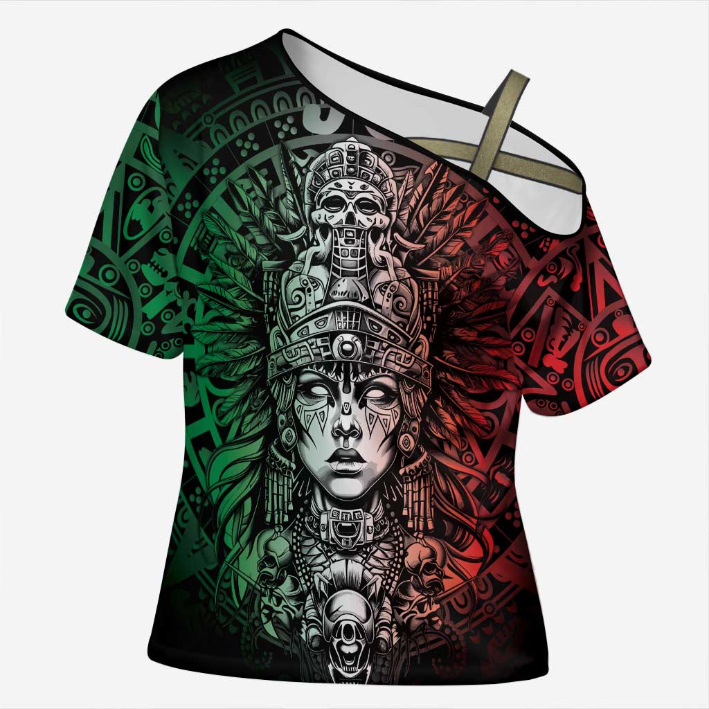 Mexico Aztec Warrior Goddess Cross Shoulder Shirt Aztec Skull Tribal Calender Tricolor Spirit - Wonder Print Shop