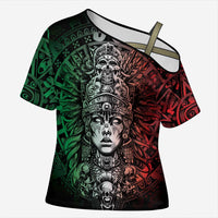 Mexico Aztec Warrior Goddess Cross Shoulder Shirt Aztec Skull Tribal Calender Tricolor Spirit - Wonder Print Shop