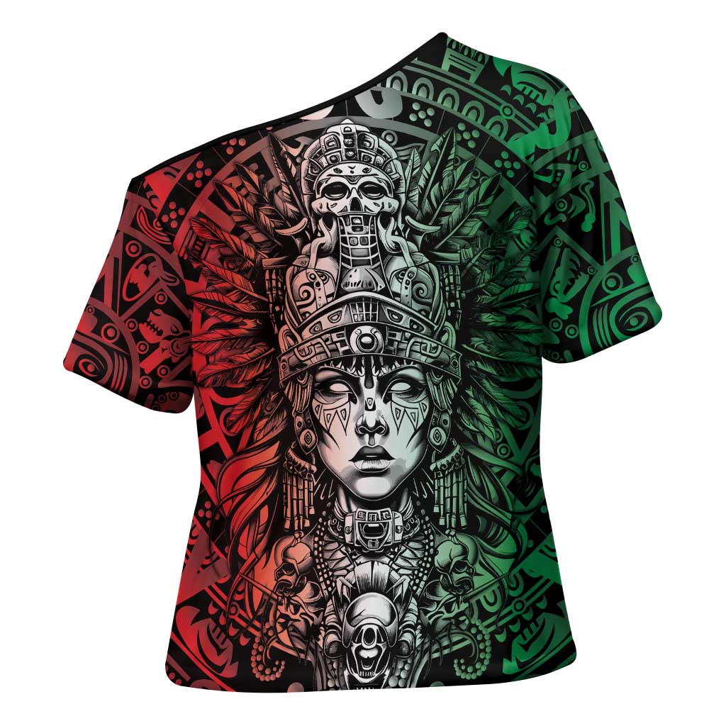 Mexico Aztec Warrior Goddess Cross Shoulder Shirt Aztec Skull Tribal Calender Tricolor Spirit - Wonder Print Shop