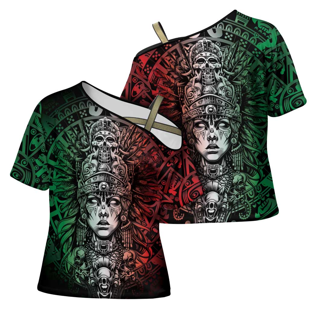 Mexico Aztec Warrior Goddess Cross Shoulder Shirt Aztec Skull Tribal Calender Tricolor Spirit - Wonder Print Shop