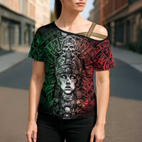 Mexico Aztec Warrior Goddess Cross Shoulder Shirt Aztec Skull Tribal Calender Tricolor Spirit - Wonder Print Shop