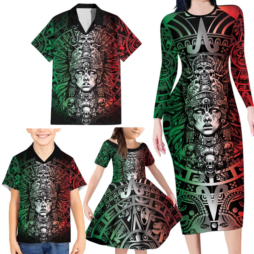 Mexico Aztec Warrior Goddess Family Matching Long Sleeve Bodycon Dress and Hawaiian Shirt Aztec Skull Tribal Calender Tricolor Spirit
