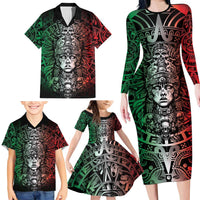 Mexico Aztec Warrior Goddess Family Matching Long Sleeve Bodycon Dress and Hawaiian Shirt Aztec Skull Tribal Calender Tricolor Spirit