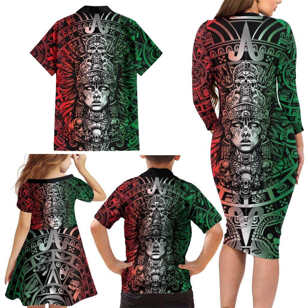 Mexico Aztec Warrior Goddess Family Matching Long Sleeve Bodycon Dress and Hawaiian Shirt Aztec Skull Tribal Calender Tricolor Spirit