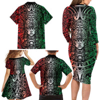 Mexico Aztec Warrior Goddess Family Matching Long Sleeve Bodycon Dress and Hawaiian Shirt Aztec Skull Tribal Calender Tricolor Spirit