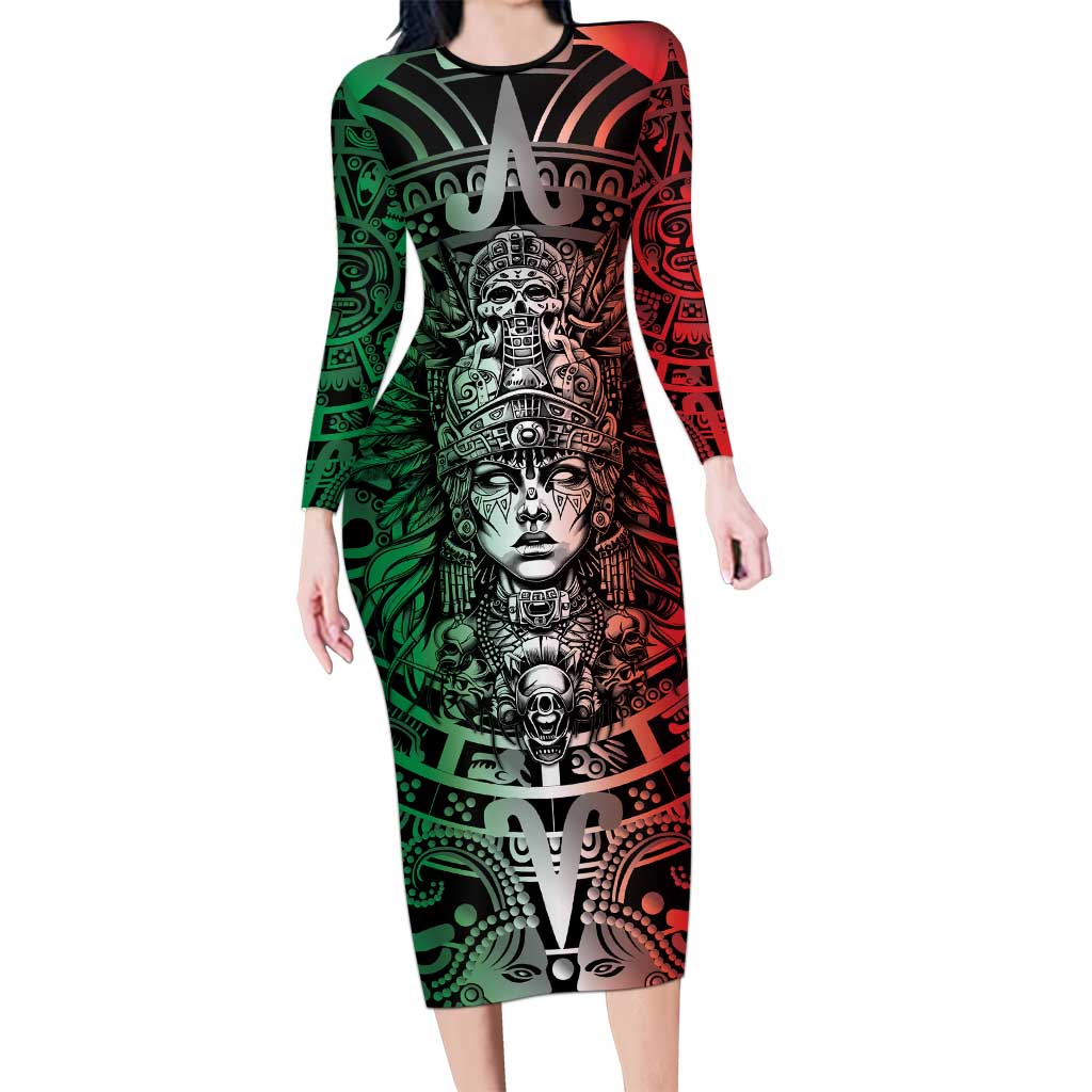Mexico Aztec Warrior Goddess Family Matching Long Sleeve Bodycon Dress and Hawaiian Shirt Aztec Skull Tribal Calender Tricolor Spirit