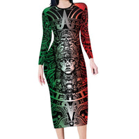 Mexico Aztec Warrior Goddess Family Matching Long Sleeve Bodycon Dress and Hawaiian Shirt Aztec Skull Tribal Calender Tricolor Spirit