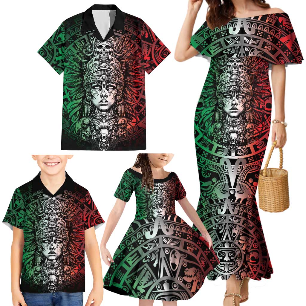 Mexico Aztec Warrior Goddess Family Matching Mermaid Dress and Hawaiian Shirt Aztec Skull Tribal Calender Tricolor Spirit