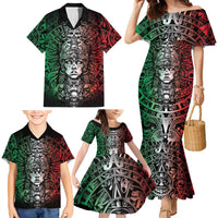 Mexico Aztec Warrior Goddess Family Matching Mermaid Dress and Hawaiian Shirt Aztec Skull Tribal Calender Tricolor Spirit