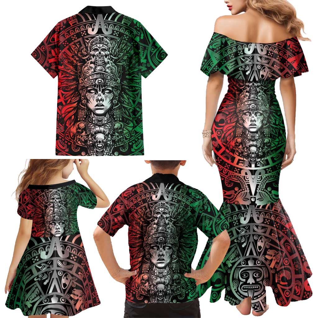 Mexico Aztec Warrior Goddess Family Matching Mermaid Dress and Hawaiian Shirt Aztec Skull Tribal Calender Tricolor Spirit