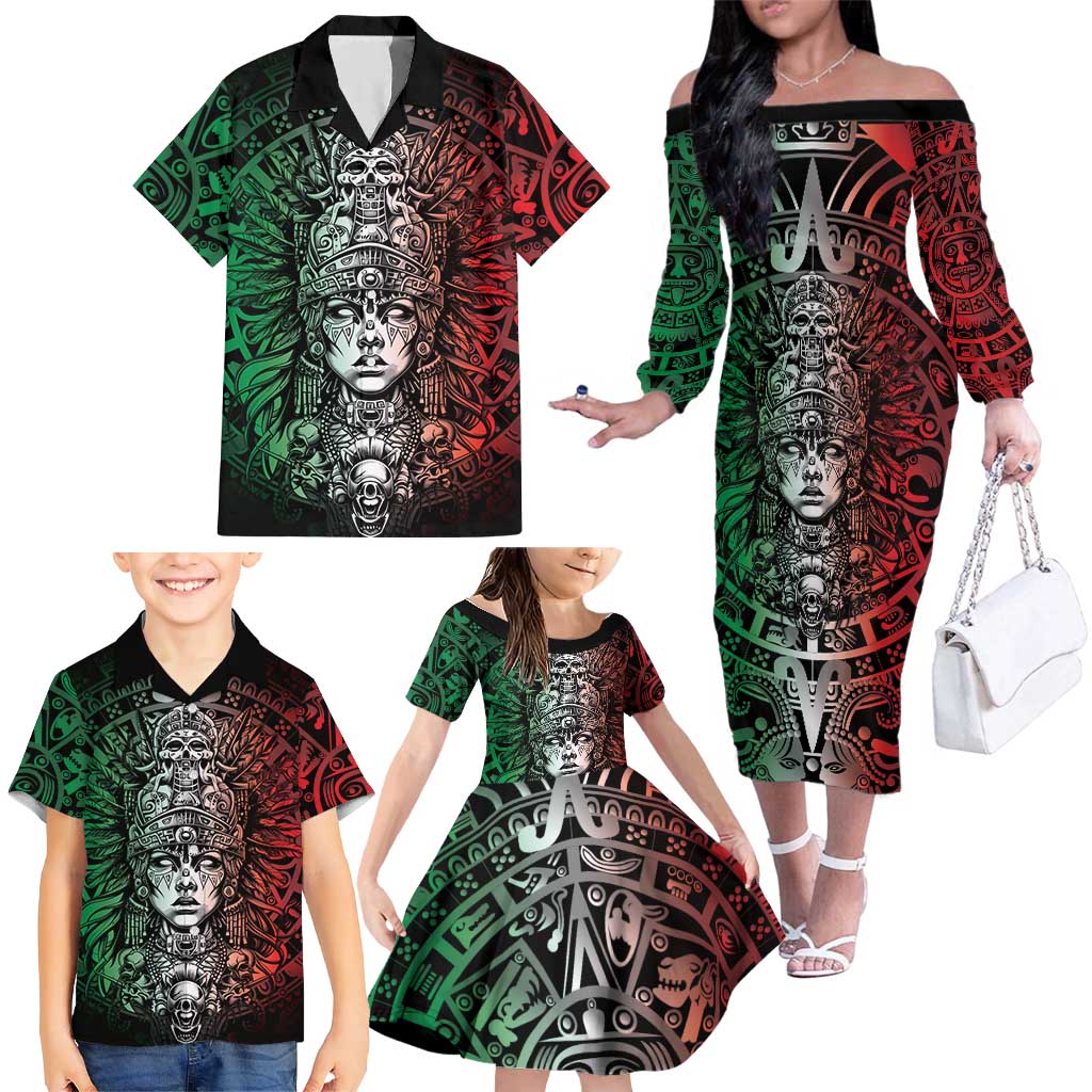 Mexico Aztec Warrior Goddess Family Matching Off The Shoulder Long Sleeve Dress and Hawaiian Shirt Aztec Skull Tribal Calender Tricolor Spirit