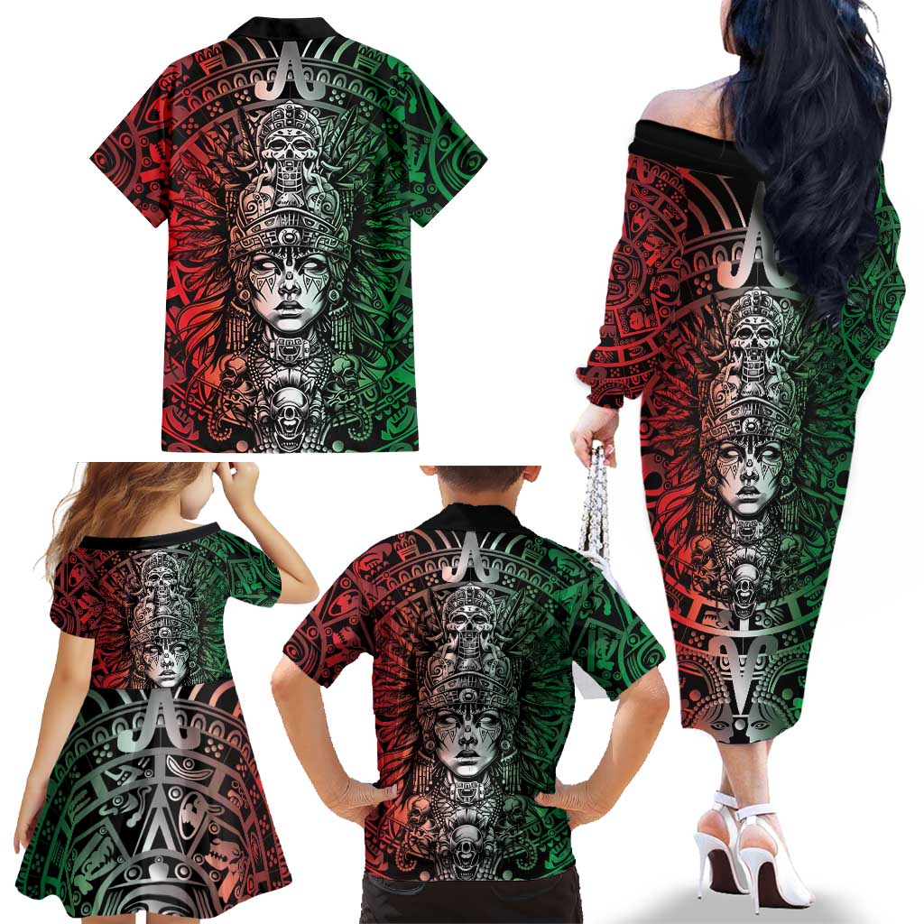 Mexico Aztec Warrior Goddess Family Matching Off The Shoulder Long Sleeve Dress and Hawaiian Shirt Aztec Skull Tribal Calender Tricolor Spirit