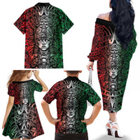 Mexico Aztec Warrior Goddess Family Matching Off The Shoulder Long Sleeve Dress and Hawaiian Shirt Aztec Skull Tribal Calender Tricolor Spirit