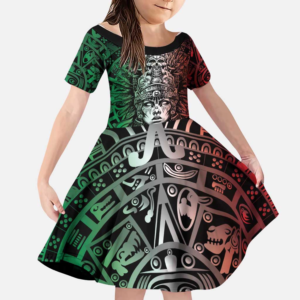 Mexico Aztec Warrior Goddess Family Matching Off Shoulder Maxi Dress and Hawaiian Shirt Aztec Skull Tribal Calender Tricolor Spirit