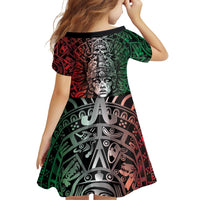 Mexico Aztec Warrior Goddess Family Matching Off Shoulder Maxi Dress and Hawaiian Shirt Aztec Skull Tribal Calender Tricolor Spirit