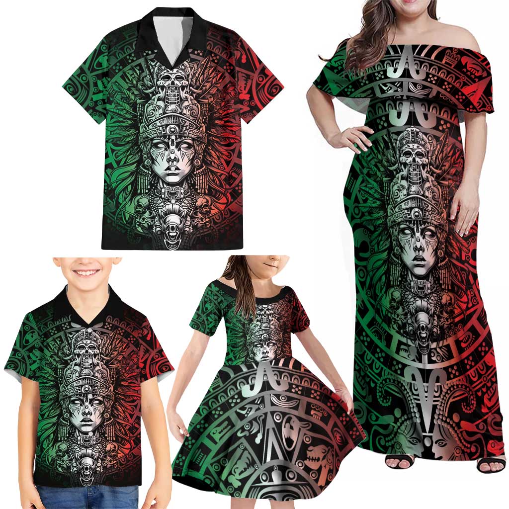 Mexico Aztec Warrior Goddess Family Matching Off Shoulder Maxi Dress and Hawaiian Shirt Aztec Skull Tribal Calender Tricolor Spirit