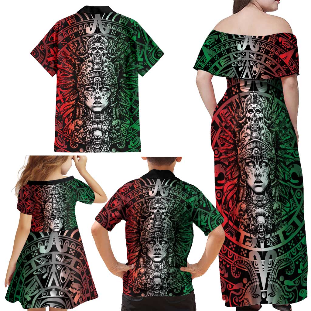 Mexico Aztec Warrior Goddess Family Matching Off Shoulder Maxi Dress and Hawaiian Shirt Aztec Skull Tribal Calender Tricolor Spirit