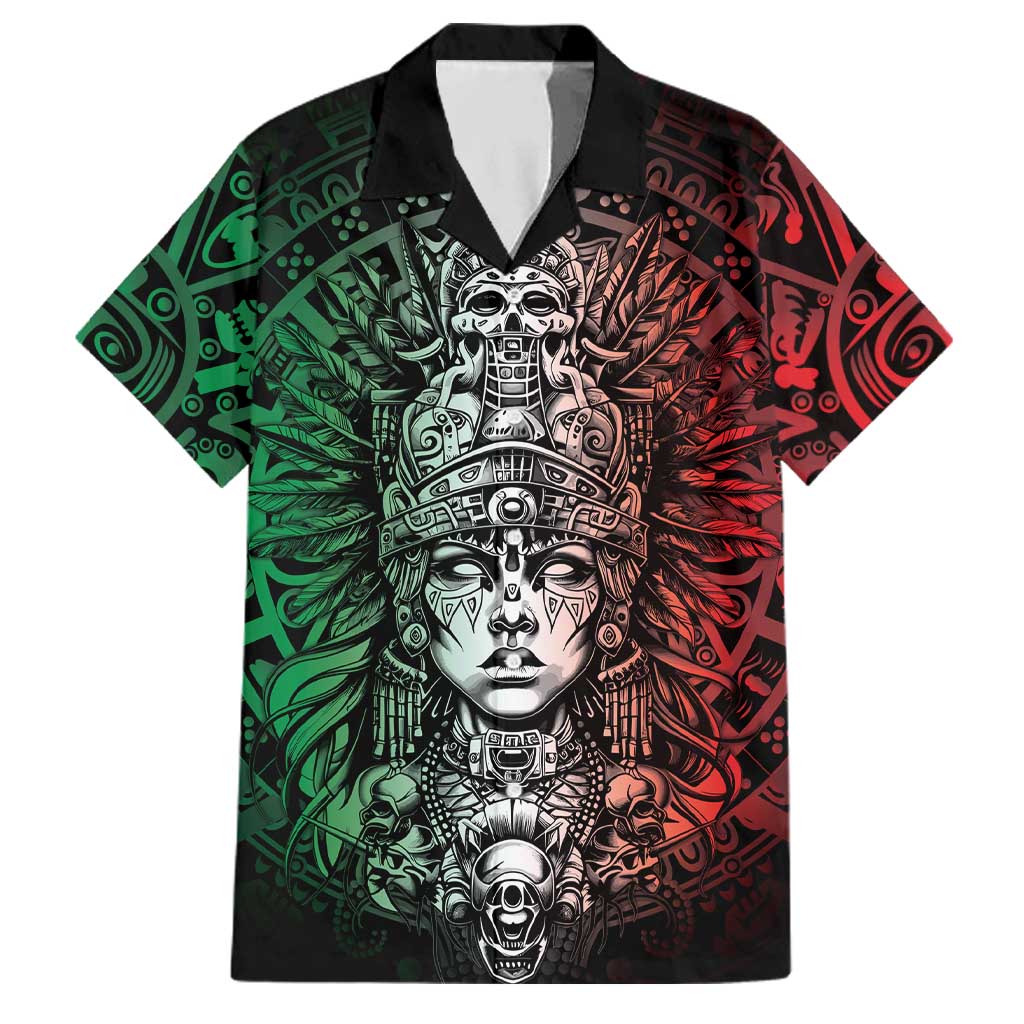 Mexico Aztec Warrior Goddess Family Matching Off Shoulder Maxi Dress and Hawaiian Shirt Aztec Skull Tribal Calender Tricolor Spirit