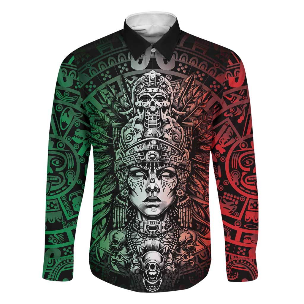 Mexico Aztec Warrior Goddess Family Matching Off Shoulder Maxi Dress and Hawaiian Shirt Aztec Skull Tribal Calender Tricolor Spirit