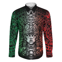 Mexico Aztec Warrior Goddess Family Matching Off Shoulder Maxi Dress and Hawaiian Shirt Aztec Skull Tribal Calender Tricolor Spirit