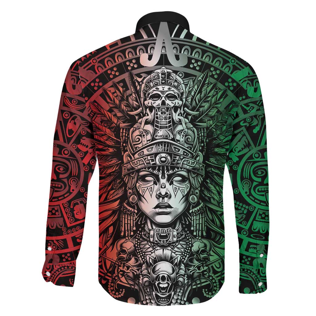 Mexico Aztec Warrior Goddess Family Matching Off Shoulder Maxi Dress and Hawaiian Shirt Aztec Skull Tribal Calender Tricolor Spirit